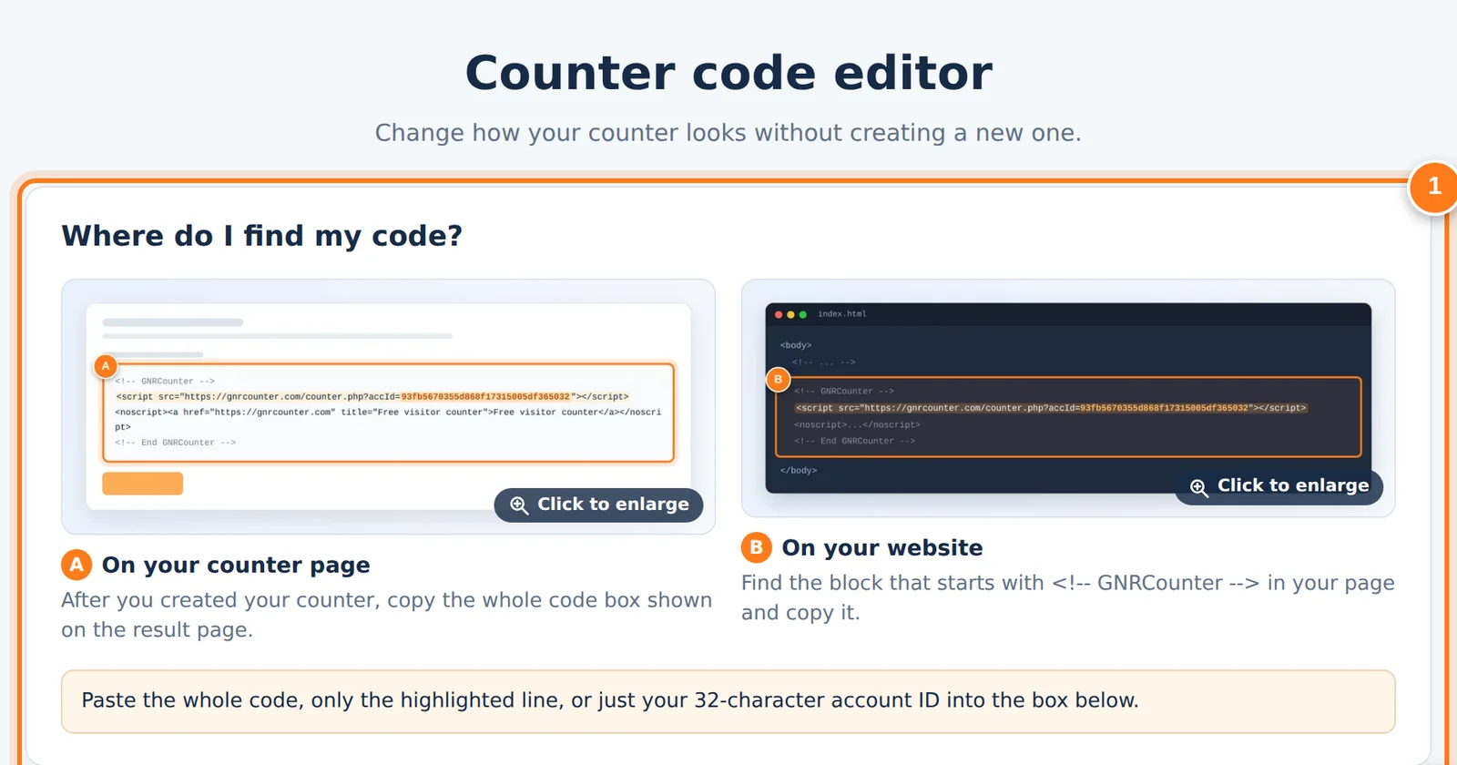 De GNRCounter-tellercode-editor met het gebied om je code te vinden en het vak om hem te plakken