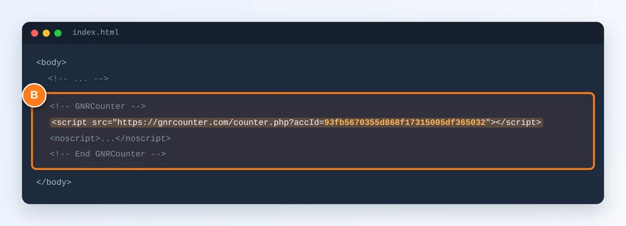 De gemarkeerde tellercode in de HTML van een website