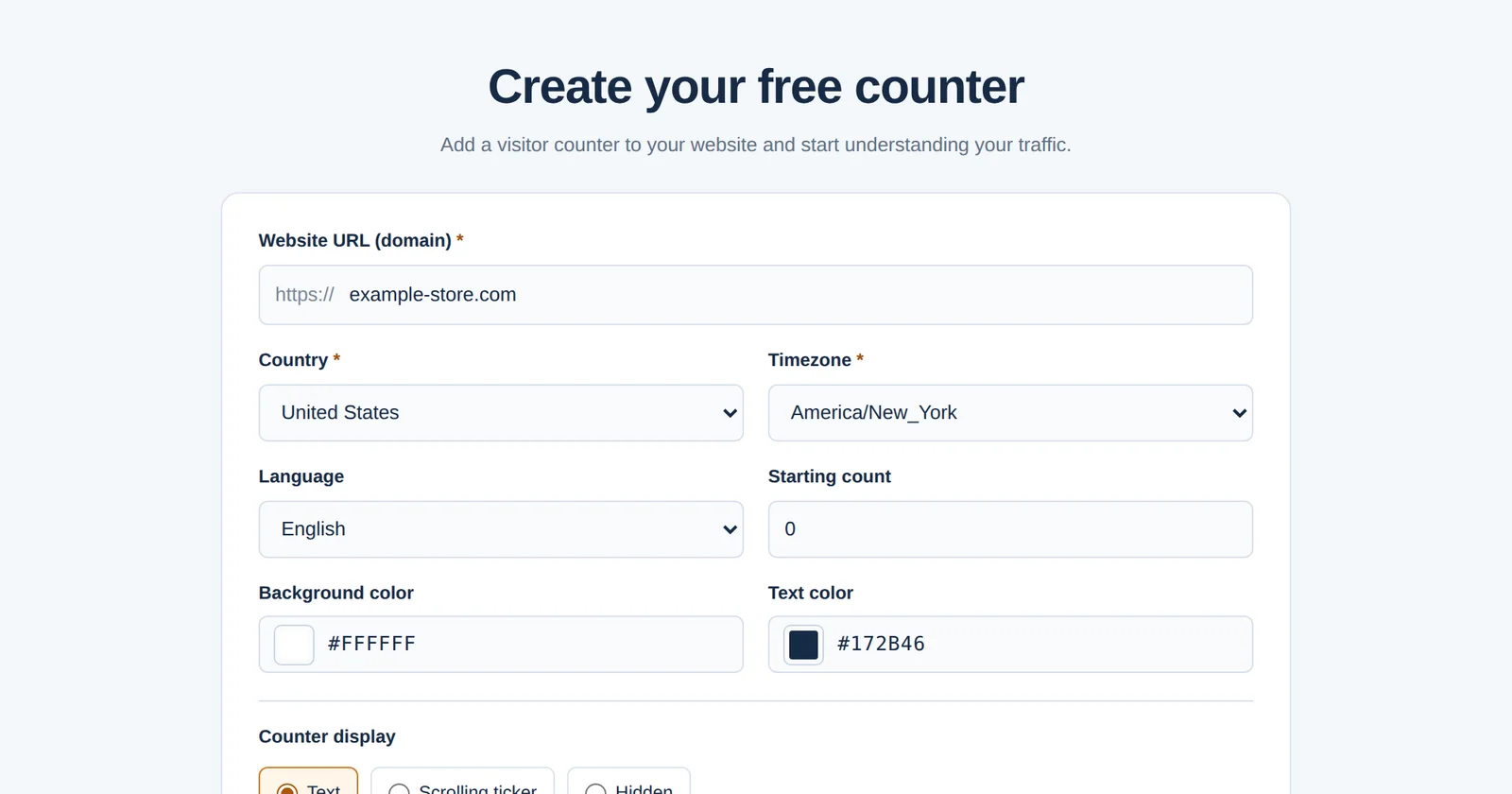 Het GNRCounter-formulier om een gratis teller te maken met website, land, tijdzone, taal en weergave-instellingen