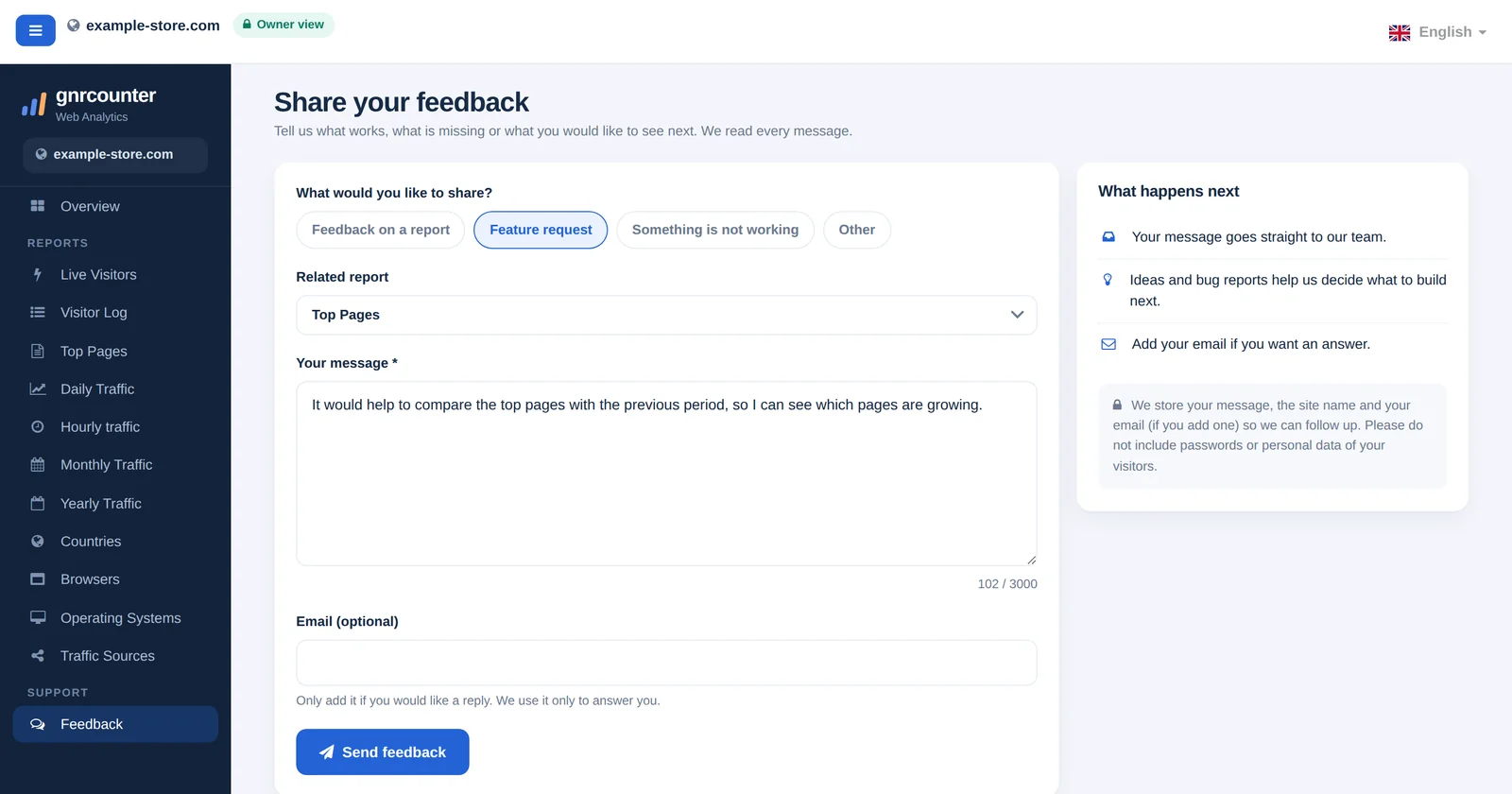 De GNRCounter-pagina Feedback met het berichtformulier met berichttype, betreffend rapport, bericht en e-mail, met voorbeeldgegevens