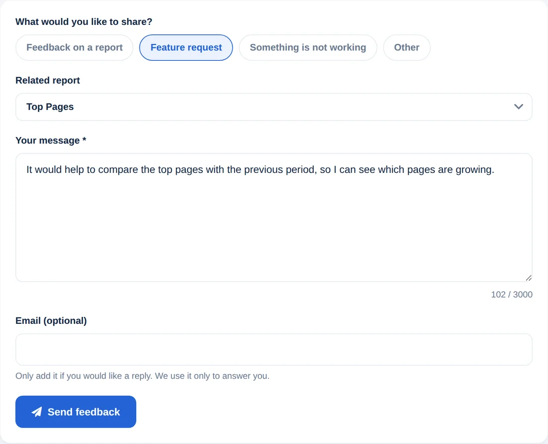 Het feedbackformulier met berichttype, betreffend rapport, bericht en e-mail