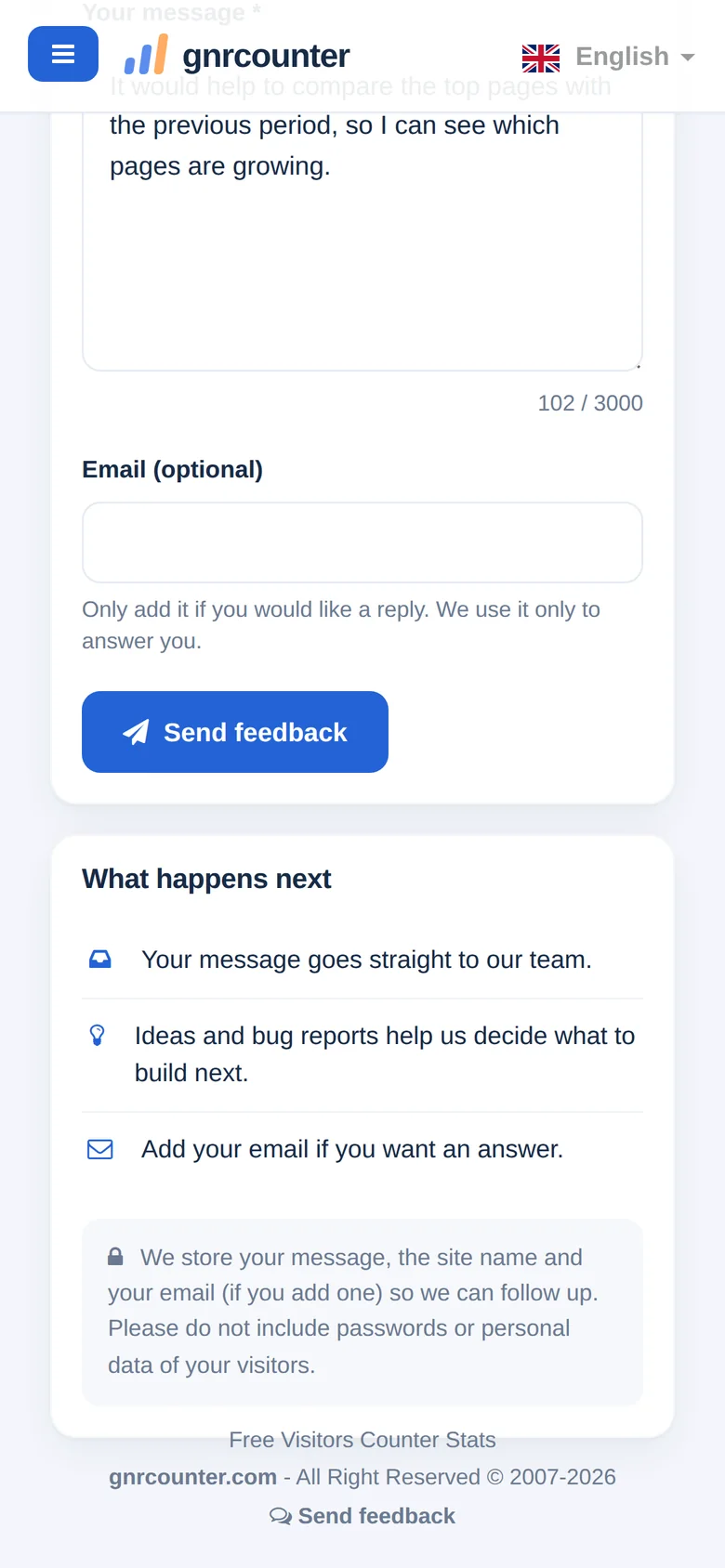 De Feedback-pagina op een telefoon, naar beneden gescrold naar het e-mailveld en de verzendknop