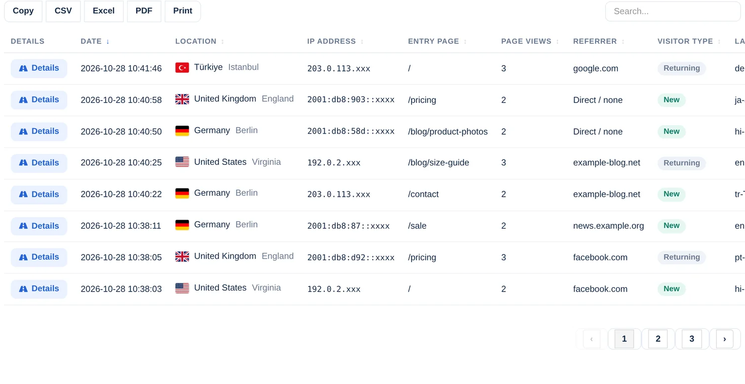 De linkerkant van de bezoekerstabel: knop Details, datum, locatie, IP-adres, landingspagina en paginaweergaven
