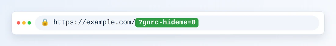 Een adresbalk van een browser met https://example.com/ gevolgd door gemarkeerde ?gnrc-hideme=0