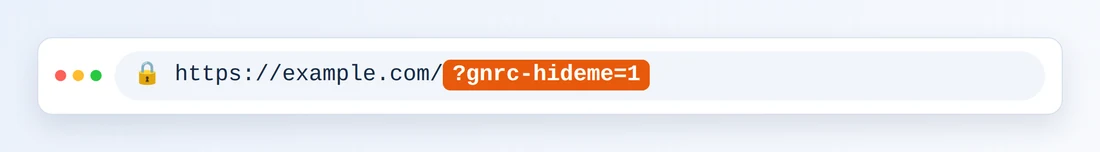 Een adresbalk van een browser met https://example.com/ gevolgd door gemarkeerde ?gnrc-hideme=1